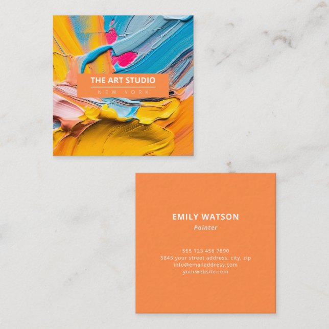 Modern Orange Name Artwork Artist Art Studio Square Business Card (Front/Back)