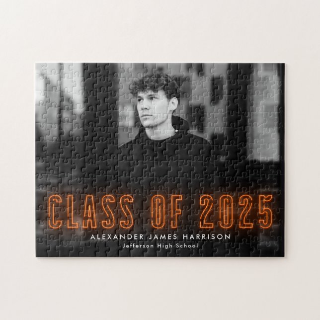 Modern Orange Neon Class of 2025 Graduation Photo Jigsaw Puzzle (Horizontal)