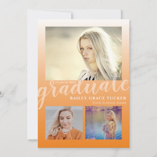 Modern Orange Ombre Graduate 3-photo Graduation Announcement (Front)