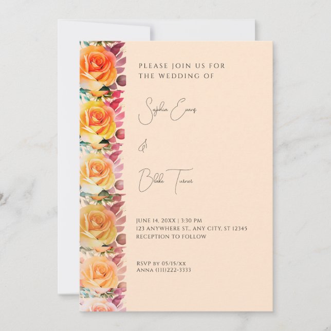 Modern Orange Ombre Roses Cream Wedding Invitation (Front)