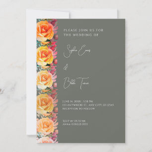 Modern Orange Ombre Roses Green Wedding Invitation