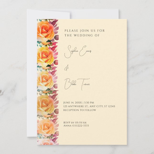 Modern Orange Ombre Roses Yellow Wedding Invitation (Front)
