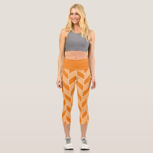 Modern Orange Peach Herringbone Chevron Pattern Capri Leggings