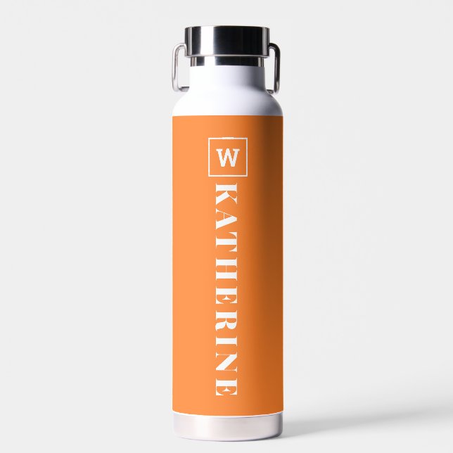 Modern Orange Personalised Name Monogram Simple Water Bottle (Front)