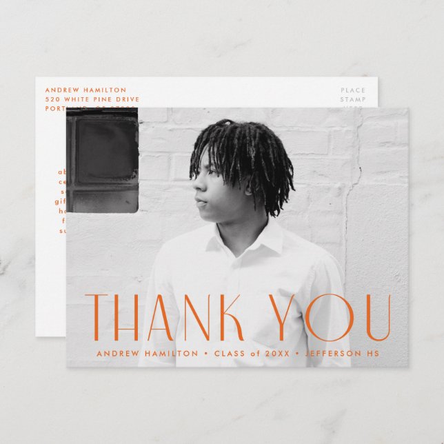Modern Orange Photo Graduation Thank You Postcard (Front/Back)