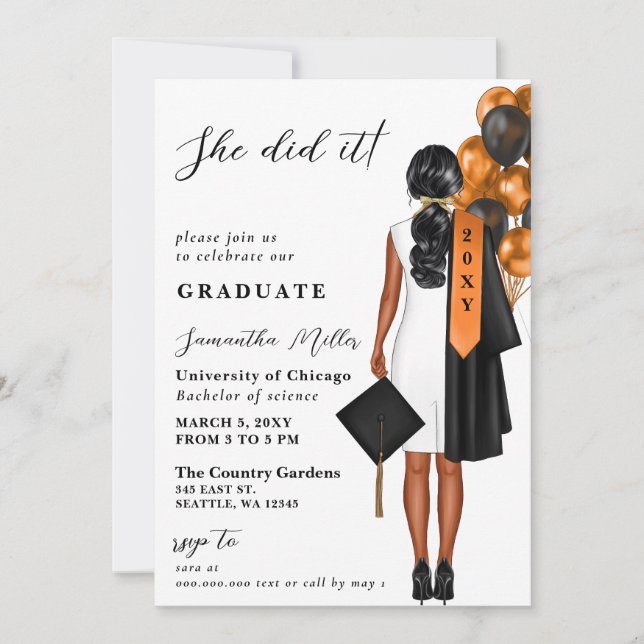 Modern Orange Photo She Did It Graduation Invitation (Front)