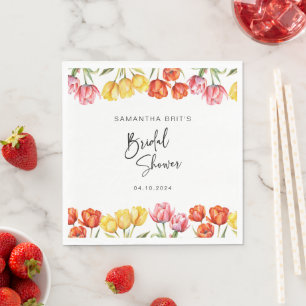 Modern Orange Pink  Tulips Floral Bridal Shower Napkin