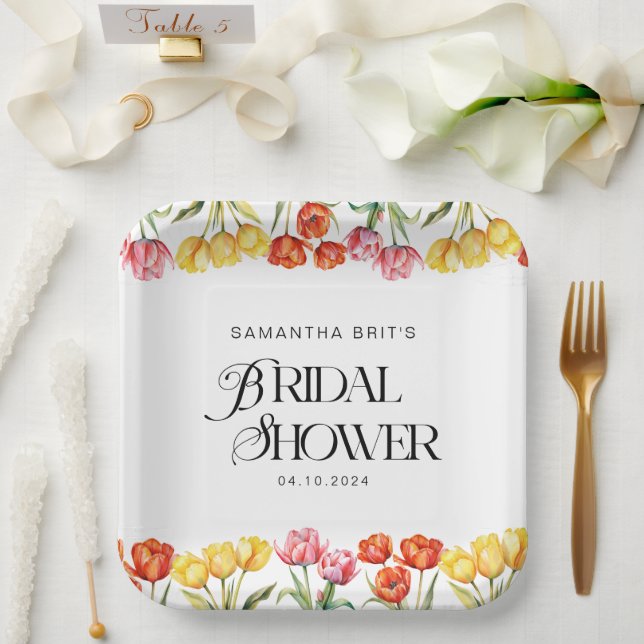 Modern Orange Pink  Tulips Floral Bridal Shower Paper Plate (Wedding)