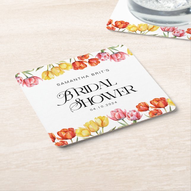 Modern Orange Pink  Tulips Floral Bridal Shower Square Paper Coaster (Angled)
