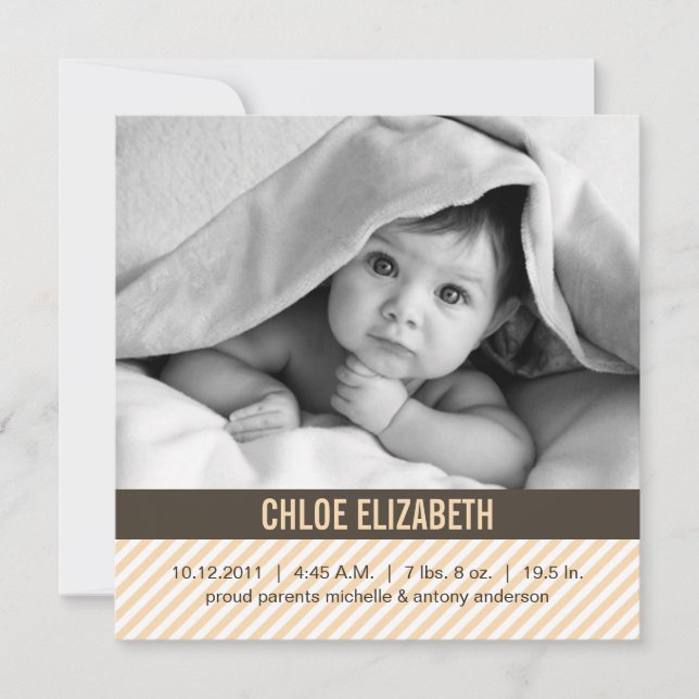 Modern Orange Pinstripes Baby Birth Announcements (Front)