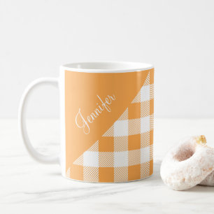 Modern Orange Plaid Pattern Name Coffee Mug