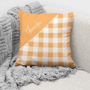 Modern Orange Plaid Script Name Cushion