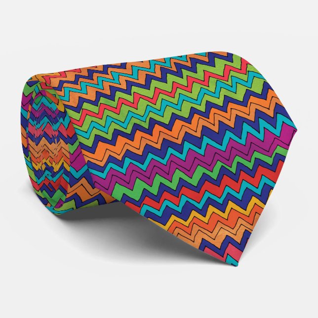 Modern Orange Purple Blue Green Chevron Pattern Tie (Rolled)