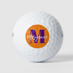 Modern Orange Purple Script Monogram Initial Golf Balls