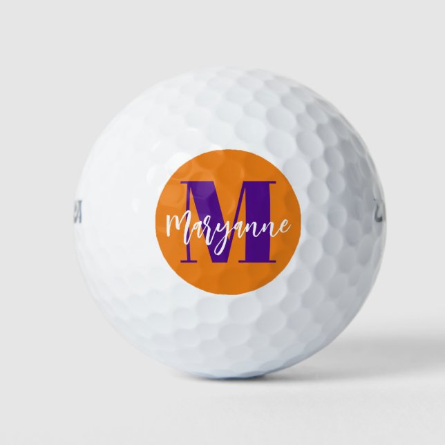 Modern Orange Purple Script Monogram Initial Golf Balls (Front)