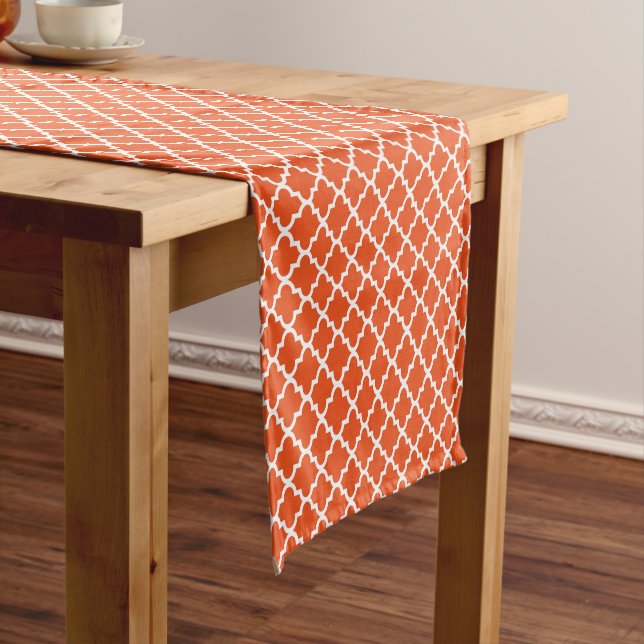 Modern Orange Quatrefoil Geometric Pattern Short Table Runner (In Situ)