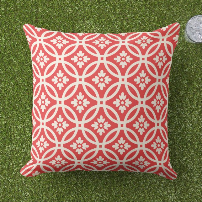 Modern Orange Red Floral Framework Pattern Cushion (Grass)
