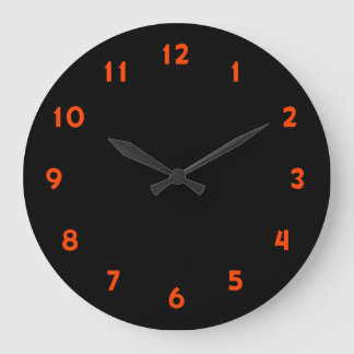 Modern Orange red numbers on black Large Clock