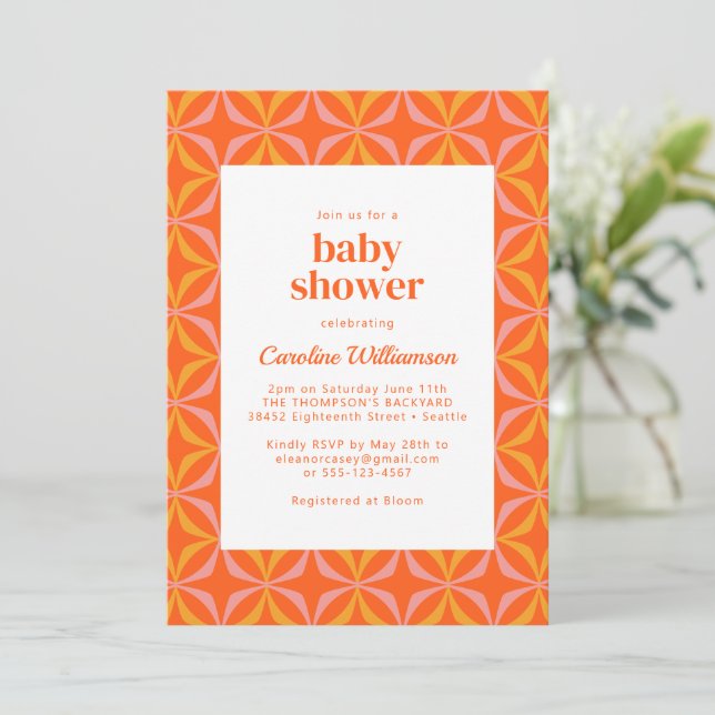 Modern Orange Retro Bold Typography Baby Shower Invitation (Standing Front)