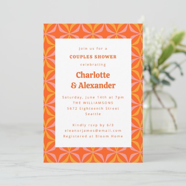 Modern Orange Retro Bold Typography Couples Shower Invitation (Standing Front)