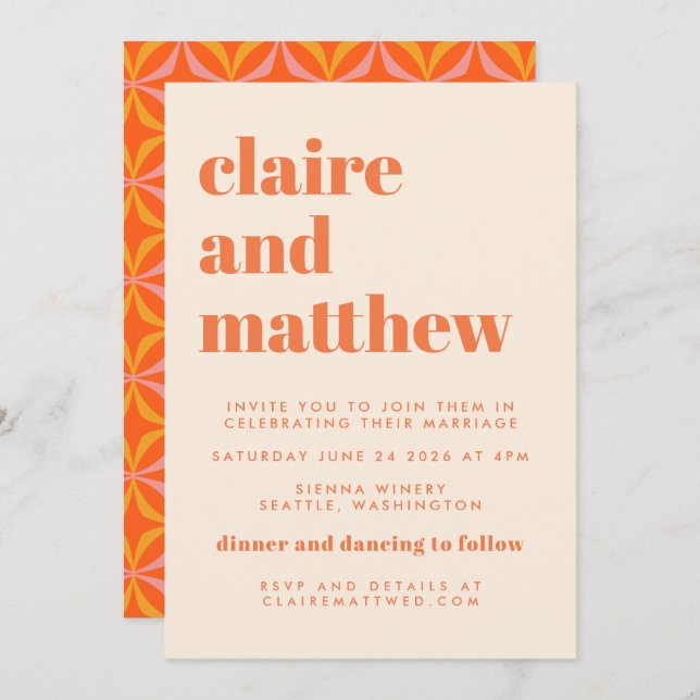 Modern Orange Retro Geometric Wedding All In One Invitation (Front/Back)