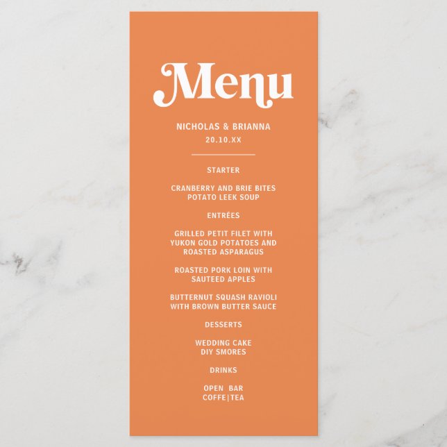Modern Orange Retro Tropical Wedding Menu (Front)