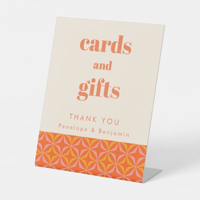 Modern Orange Retro Typography Wedding Cards Gifts Pedestal Sign (Front)