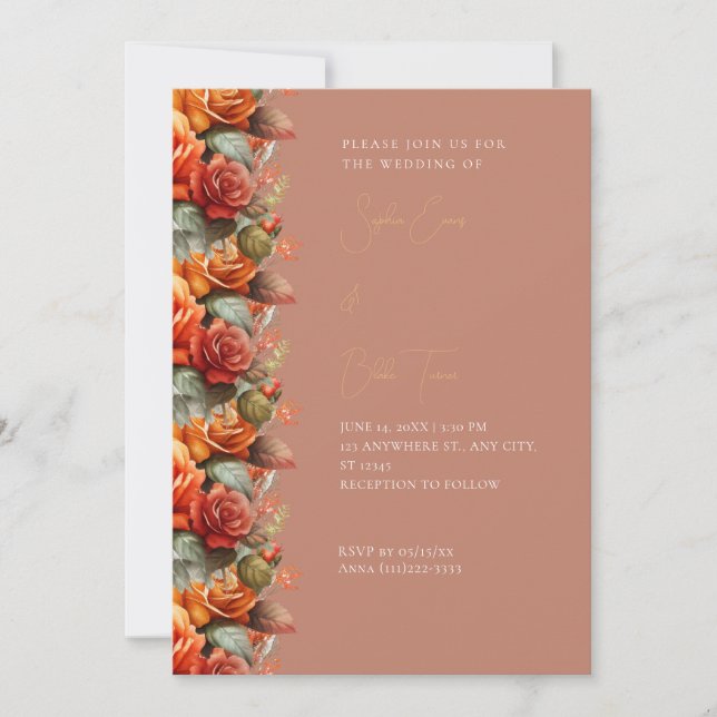 Modern Orange Roses Fall Brown Wedding Invitation (Front)