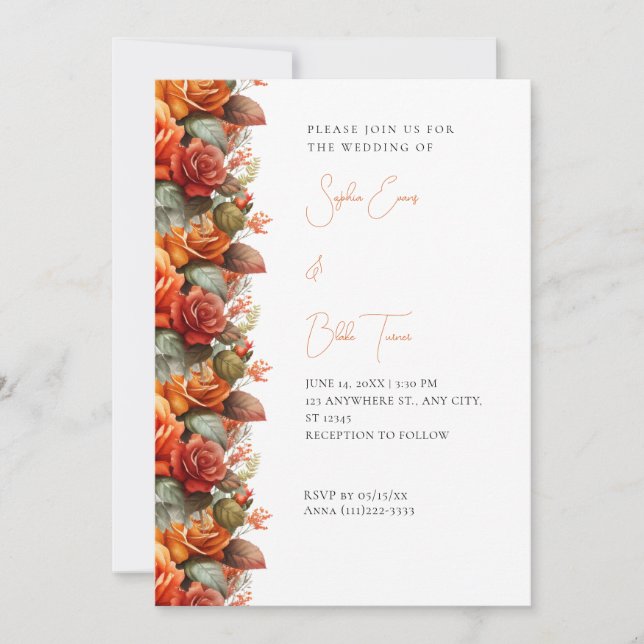 Modern Orange Roses Fall White Wedding Invitation (Front)