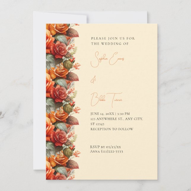 Modern Orange Roses Fall Yellow Wedding Invitation (Front)