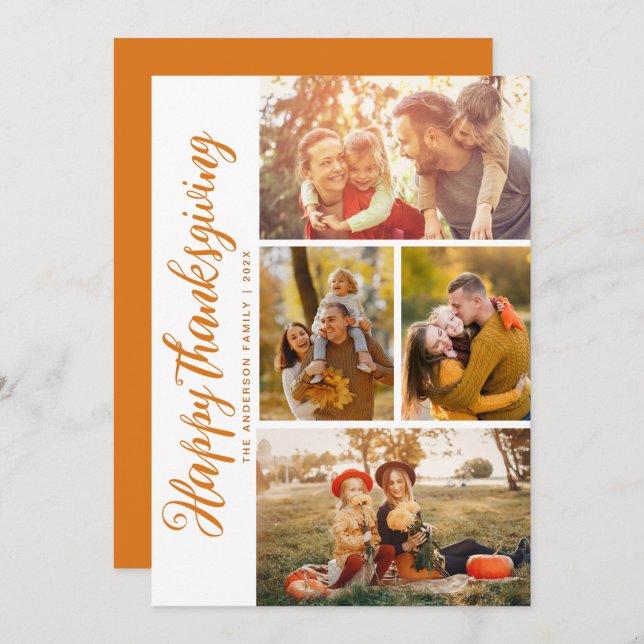 Modern orange script happy thanksgiving photo card (Front/Back)