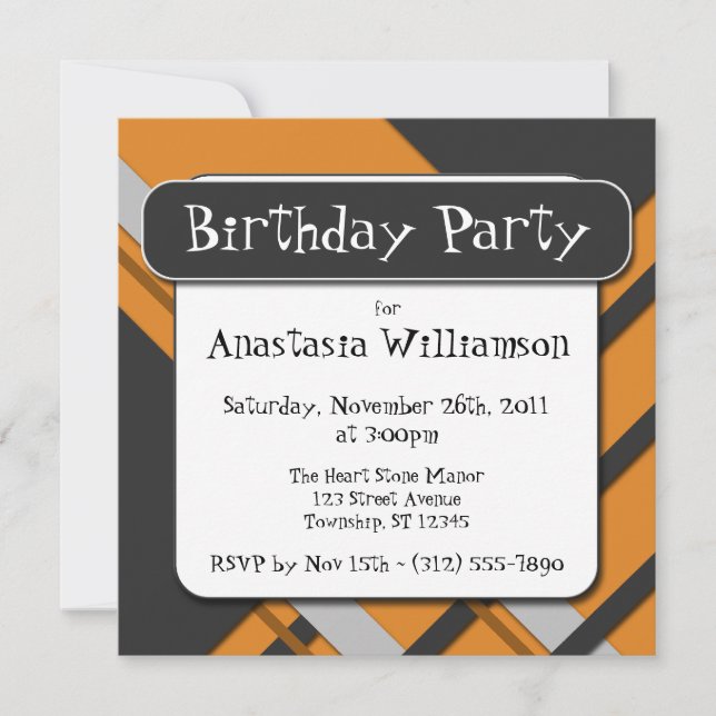 Modern Orange Semi-Plaid Birthday Invitation (Front)