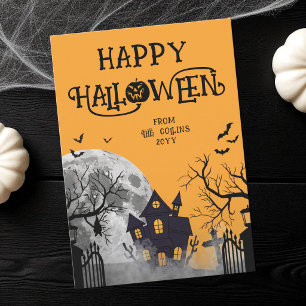 Modern Orange Spooky Haunted House Happy Halloween Holiday Card