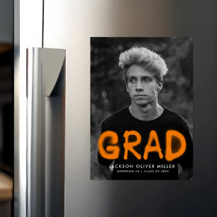 Modern Orange Spray Paint Photo Graduation Magnetic Invitation