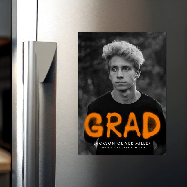 Modern Orange Spray Paint Photo Graduation Magnetic Invitation (Creator Uploaded)