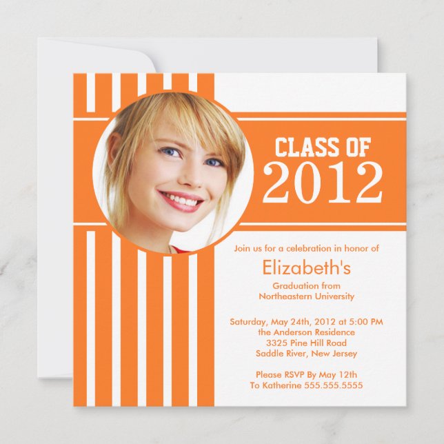 Modern Orange Stripe Photo Graduation Party Invitation (Front)
