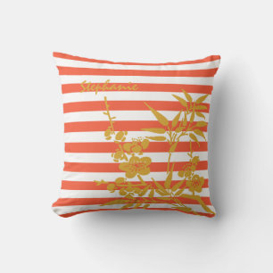 Modern Orange Stripes Gold Coloured Floral and Nam Cushion
