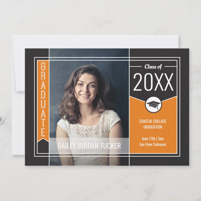 Modern Orange Stripes Graduate Photo Graduation Announcement (Front)
