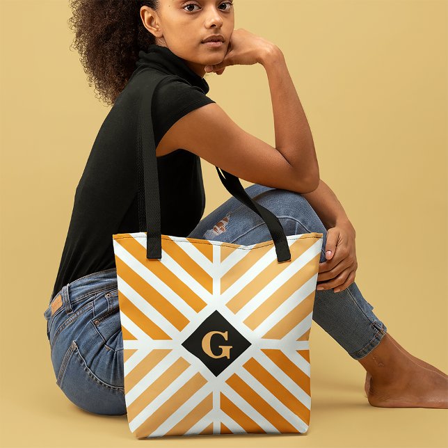 Modern Orange Stripes Initial Tote Bag (Creator Uploaded)