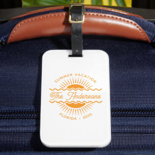 Modern Orange Sunny Summer Family Name Vacation  Luggage Tag