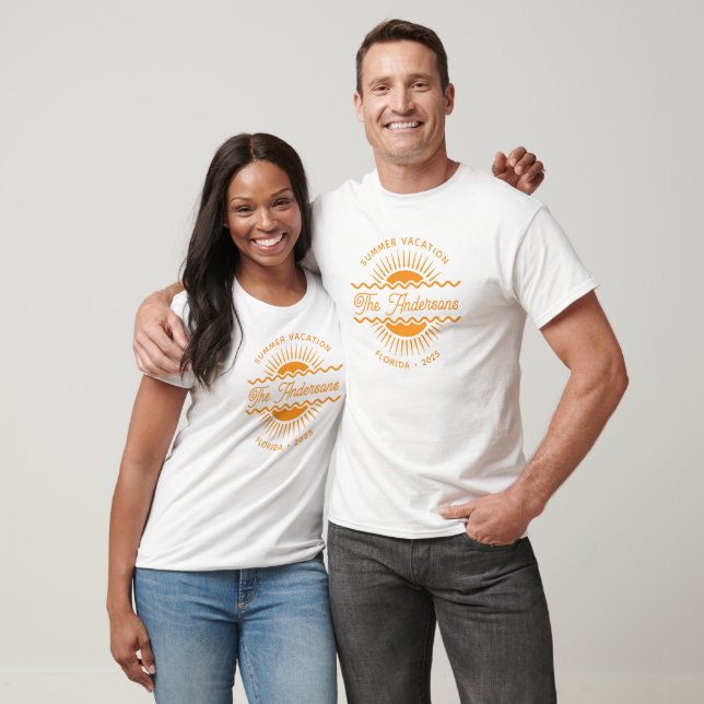Modern Orange Sunny Summer Family Name Vacation T-Shirt (Unisex)