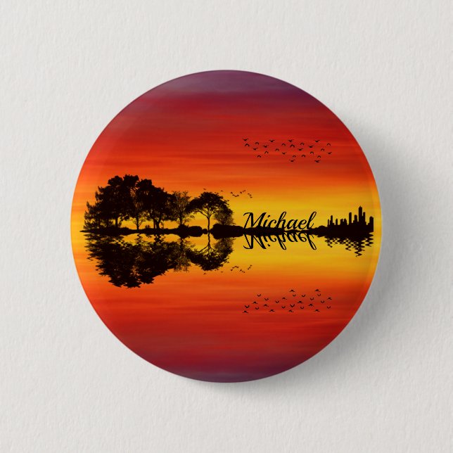 Modern Orange Sunset Guitarist Name Watercolor 6 Cm Round Badge (Front)