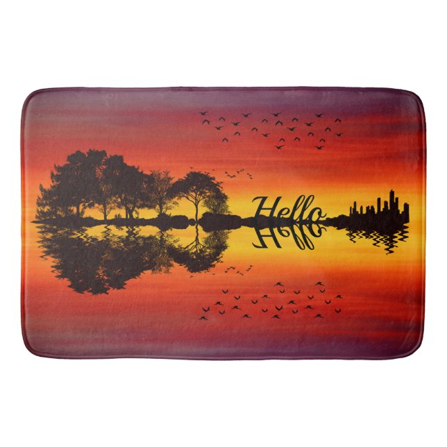 Modern Orange Sunset Guitarist Name Watercolor Bath Mat (Front)