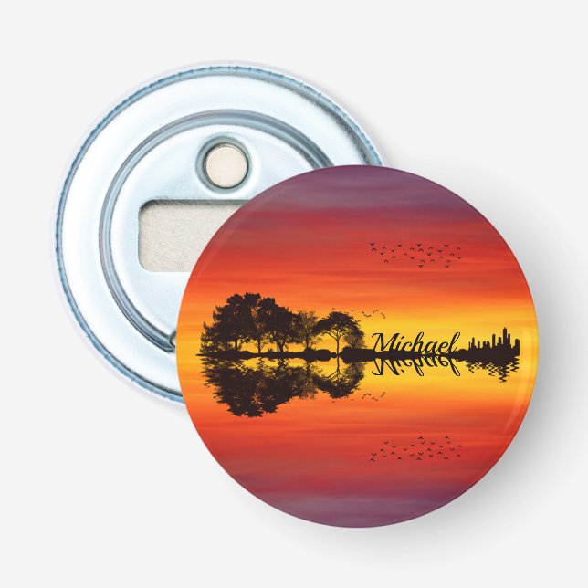 Modern Orange Sunset Guitarist Name Watercolor Bottle Opener (Front)