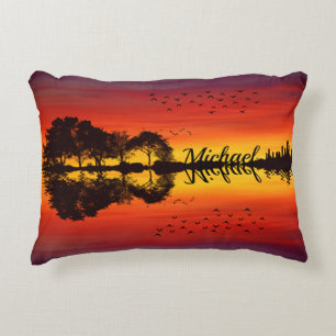 Modern Orange Sunset Guitarist Name Watercolor Decorative Cushion