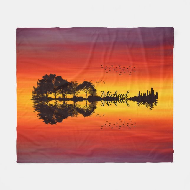 Modern Orange Sunset Guitarist Name Watercolor Fleece Blanket (Front (Horizontal))