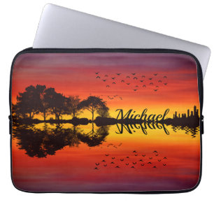 Modern Orange Sunset Guitarist Name Watercolor Laptop Sleeve