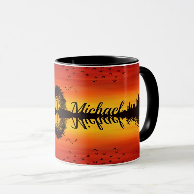 Modern Orange Sunset Guitarist Name Watercolor Mug (Front Right)