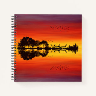 Modern Orange Sunset Guitarist Name Watercolor Notebook