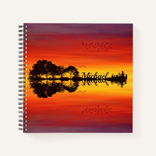Modern Orange Sunset Guitarist Name Watercolor Notebook (Front)